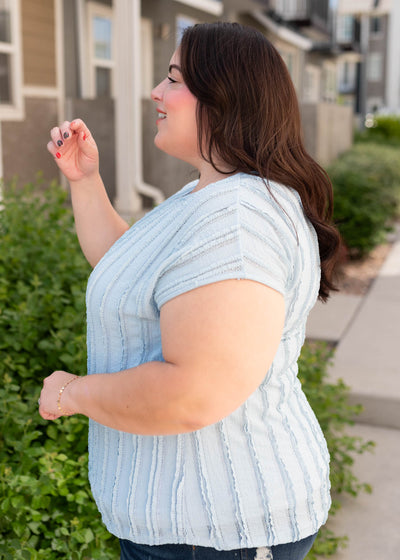 Side view of the blue textured top in plus size