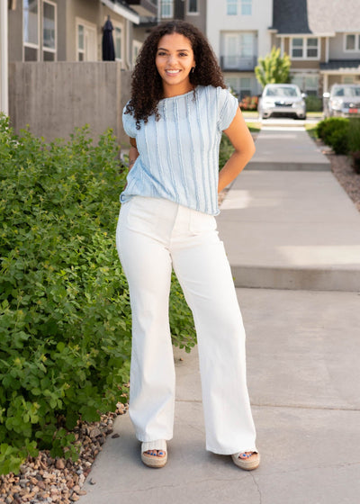 Blue textured top with short sleeves