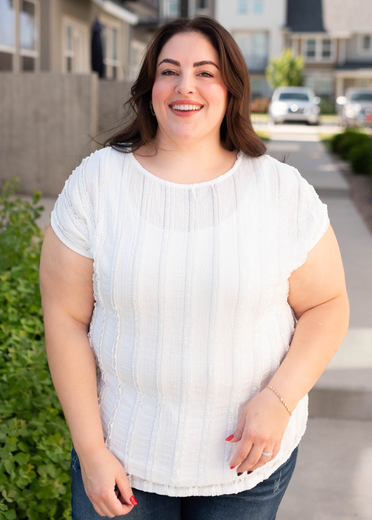 Plus size short sleeve white textured top