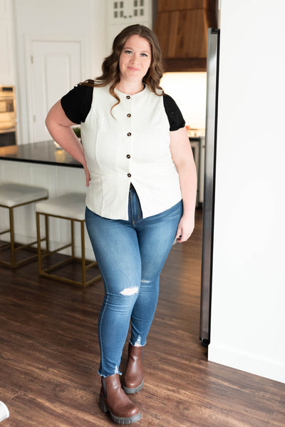 Plus size button up cream cardigan vest