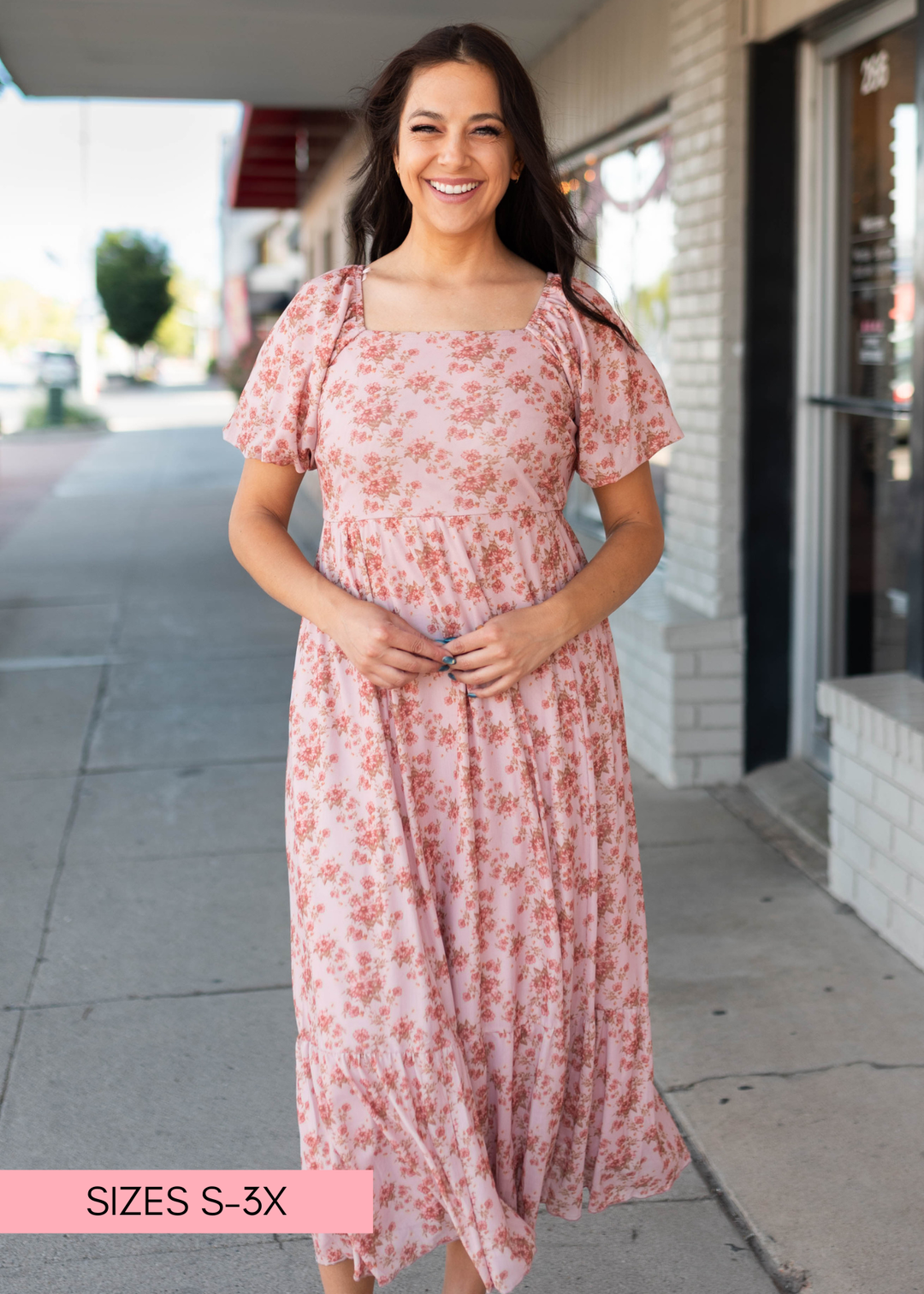 Sally Dusty Pink Floral Square Neck Dress | Lena Layne