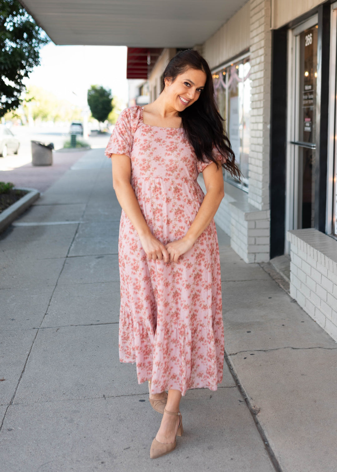 Sally Dusty Pink Floral Square Neck Dress | Lena Layne