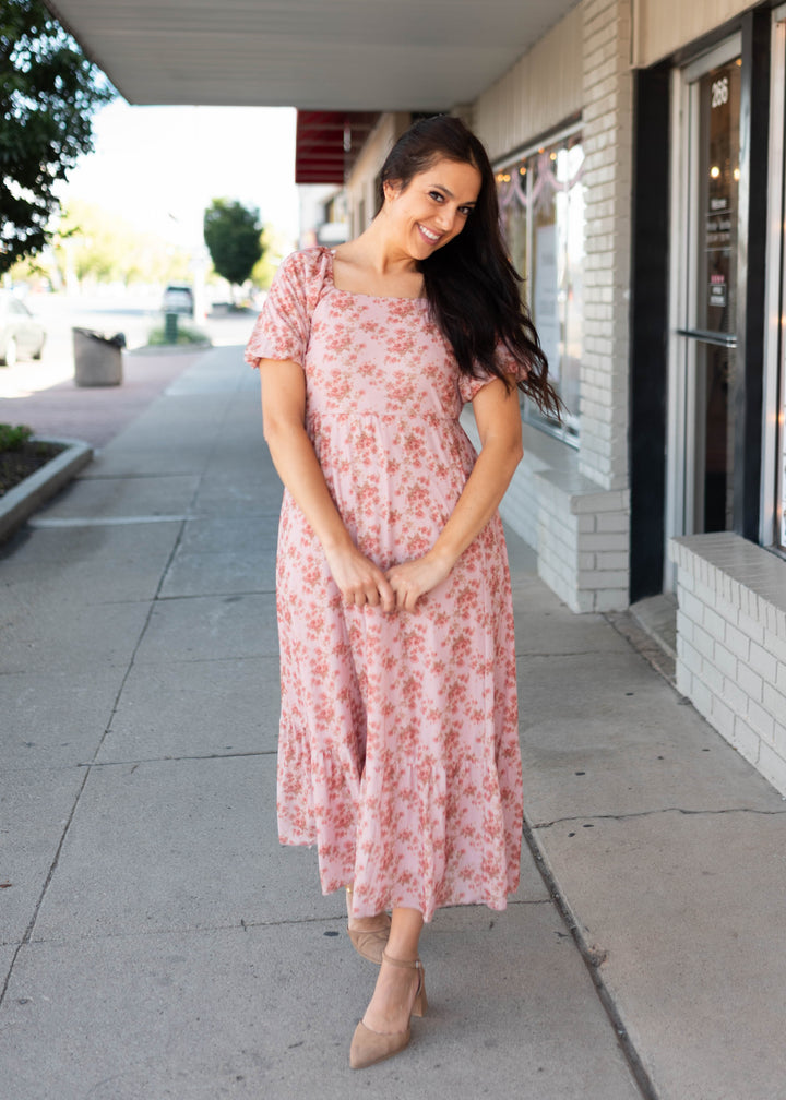 Sally Dusty Pink Floral Square Neck Dress | Lena Layne