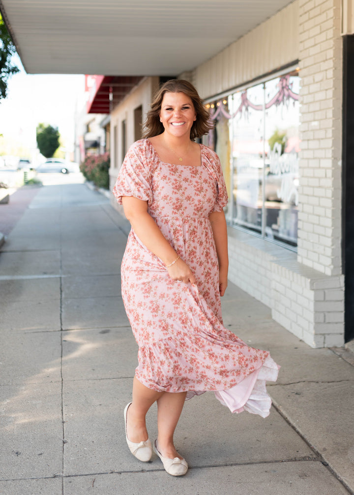 Sally Dusty Pink Floral Square Neck Dress