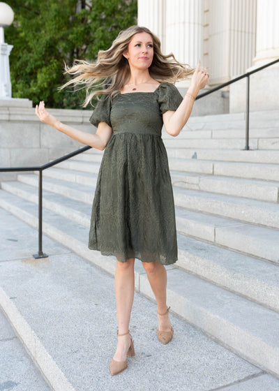 Modest olive embroidered square neck dress at Lena Layne