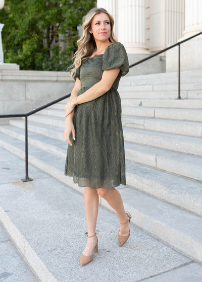 Modest short sleeve olive embroidered square neck dress