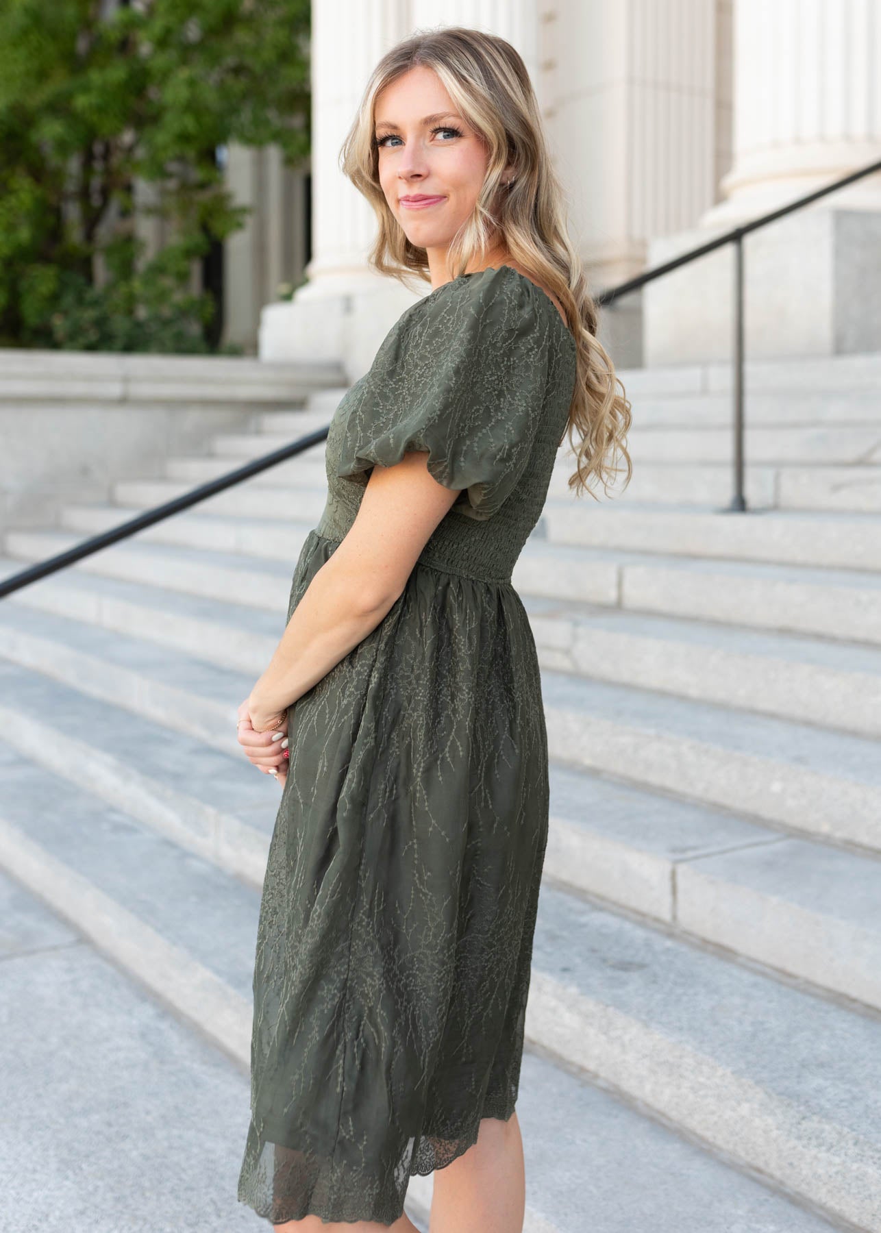 Side view of the olive embroidered square neck dress by Lena Lou