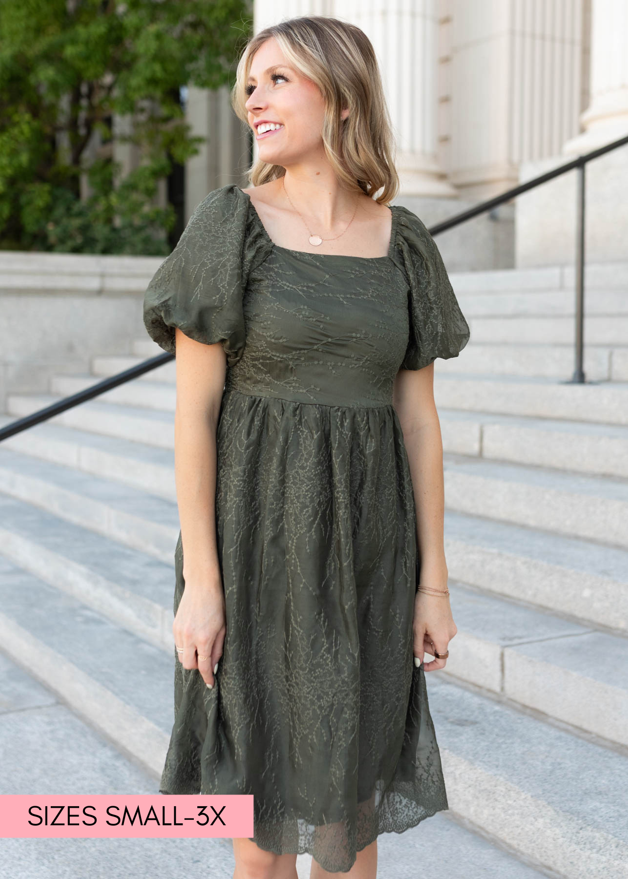Modest olive embroidered square neck dress in size small to 3x