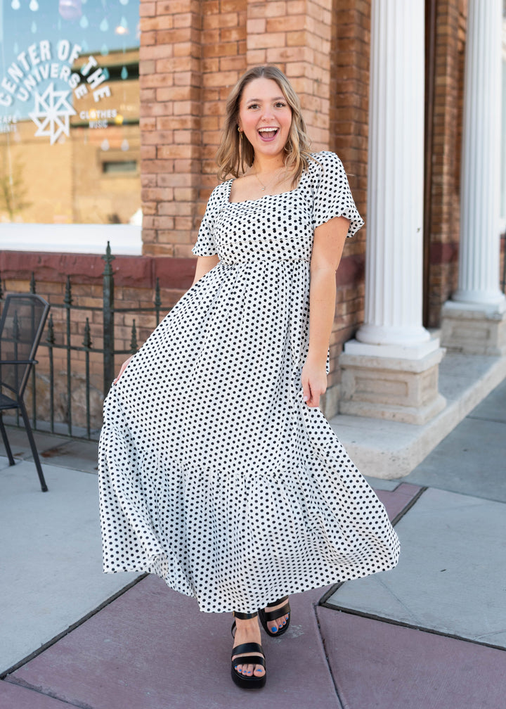 Samantha Black & White Polka Dot Maxi Dress - Smocked Back