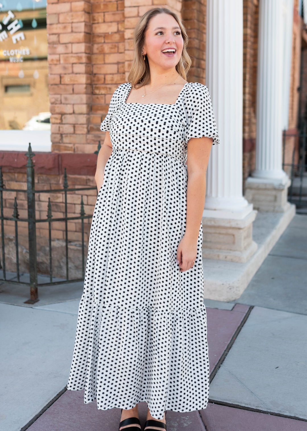 grey dress with white polka dots Samantha Dot Maxi BODADIA23