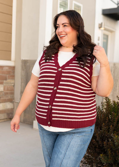1x to 3x white and burgundy striped sweater vest