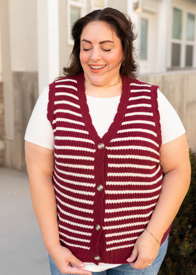 Button up burgundy striped sweater vest in plus size 1x to 3x -Lena Layne