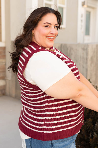 Side view of the burgundy stripe sweater vest- Lena Layne