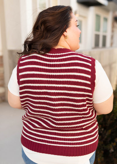 Back view of the plus size burgundy striped sweater vest