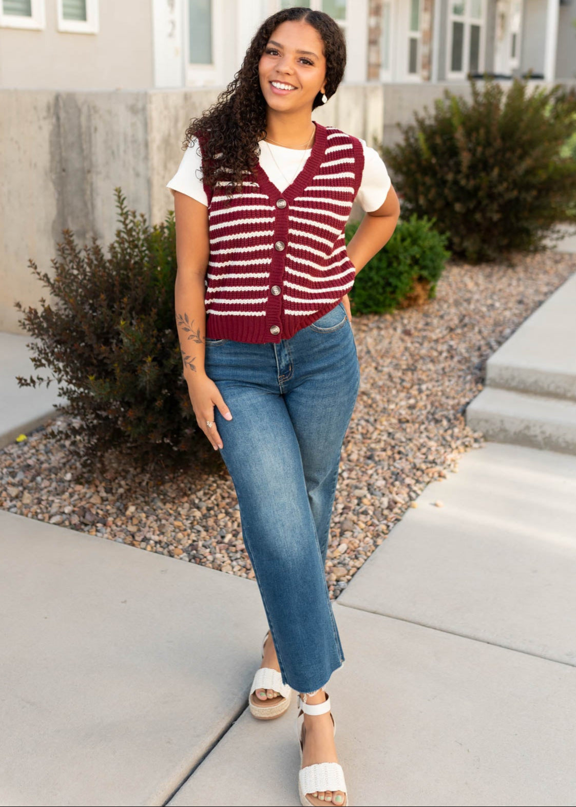 White and burgundy striped sweater vest