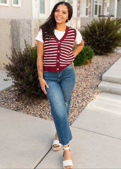 White and burgundy striped sweater vest