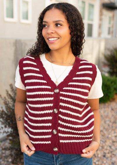 Button up burgundy striped sweater vest