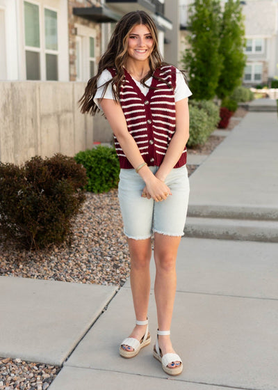 White and burgundy striped sweater vest