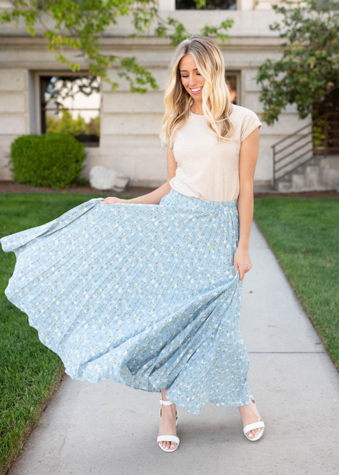 Front view of the cornflower maxi skirt