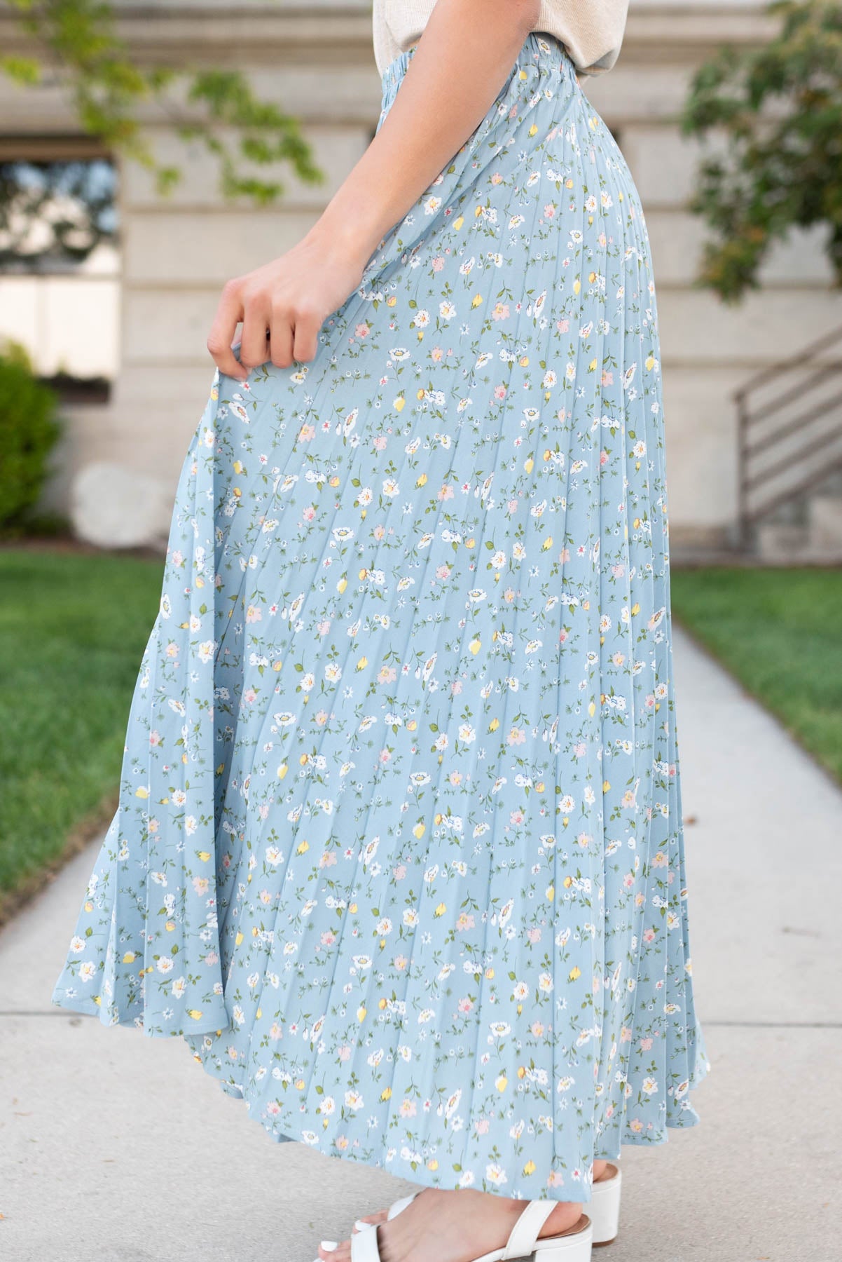 Side view of the cornflower maxi skirt