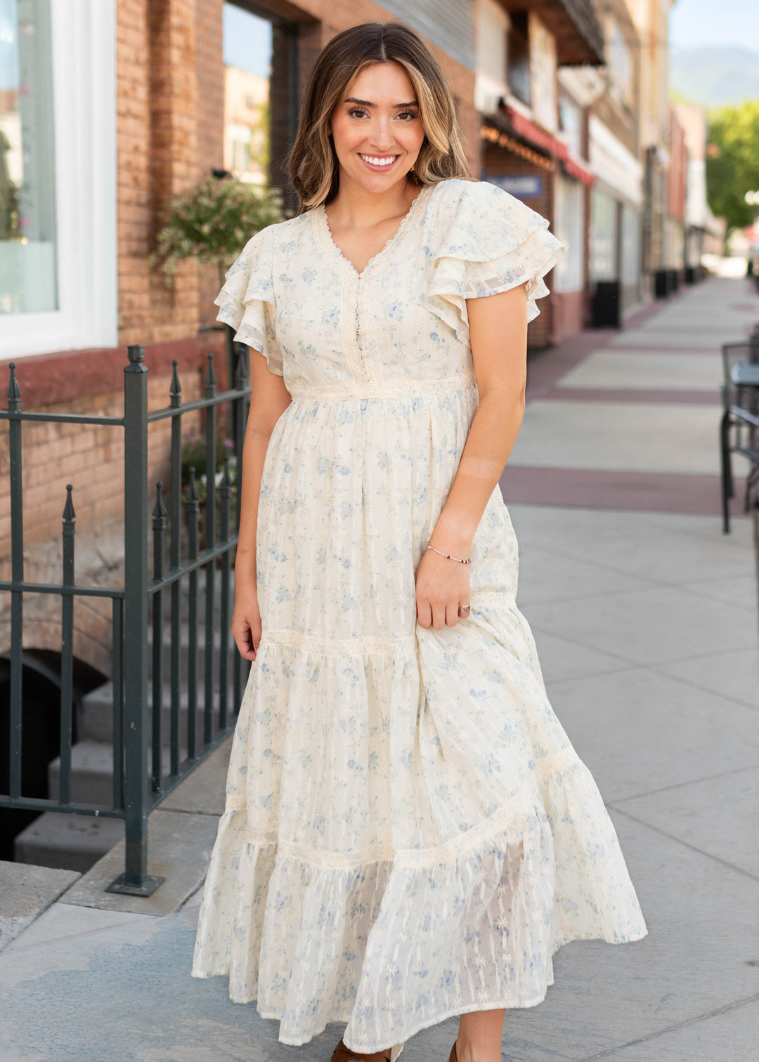 cream and floral dress Sunlit Meadow Cream Floral Midi Dress | Trendy Women's Dress