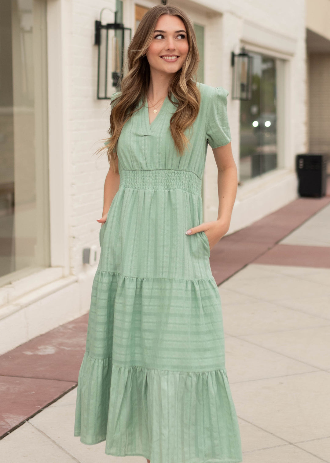 sage formal dresses Selah Tiered Midi Dress - Smocked Waist, V-Neckline & Pockets sage green formal dress for wedding guest