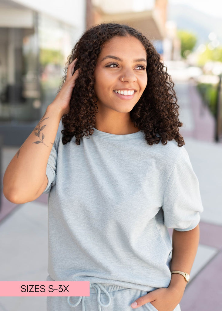 Shae Seafoam Boxy Tee - Ribbed Neckline, Puff Sleeves with Ribbed