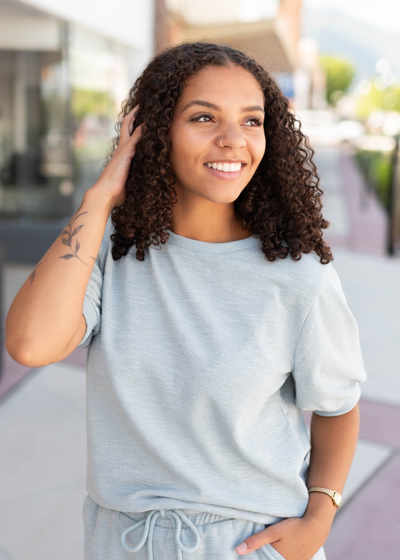 Shae Seafoam Boxy Tee - Ribbed Neckline, Puff Sleeves with Ribbed