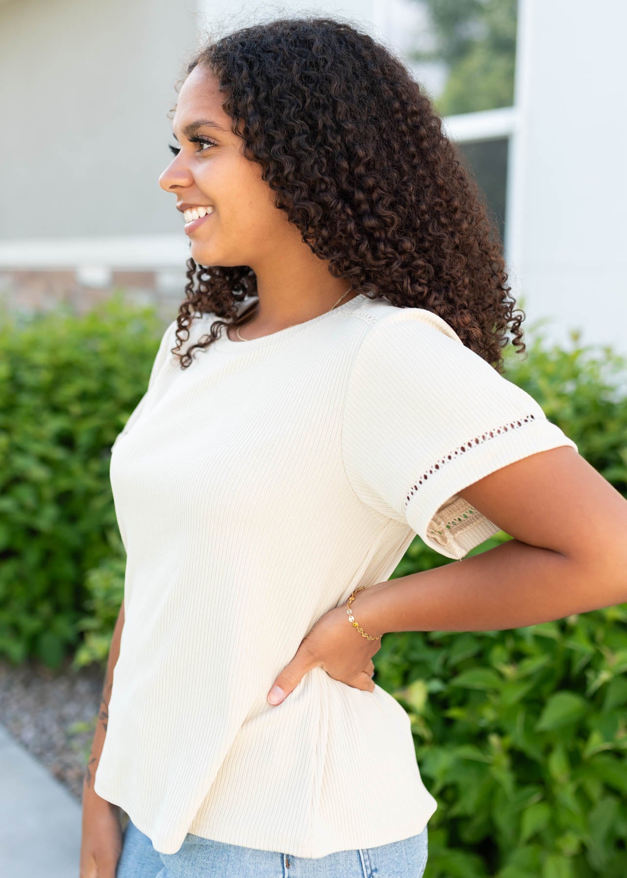 Side view of the beige top