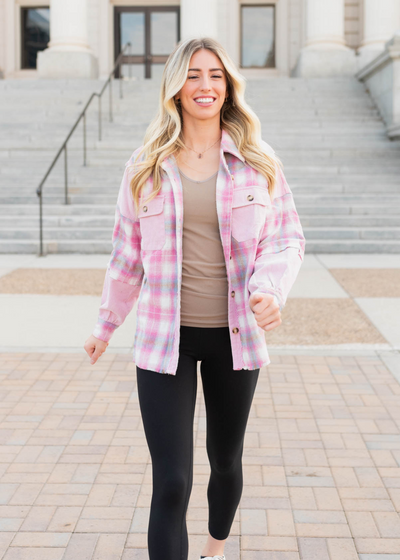 Pink plaid shacket with front pockets