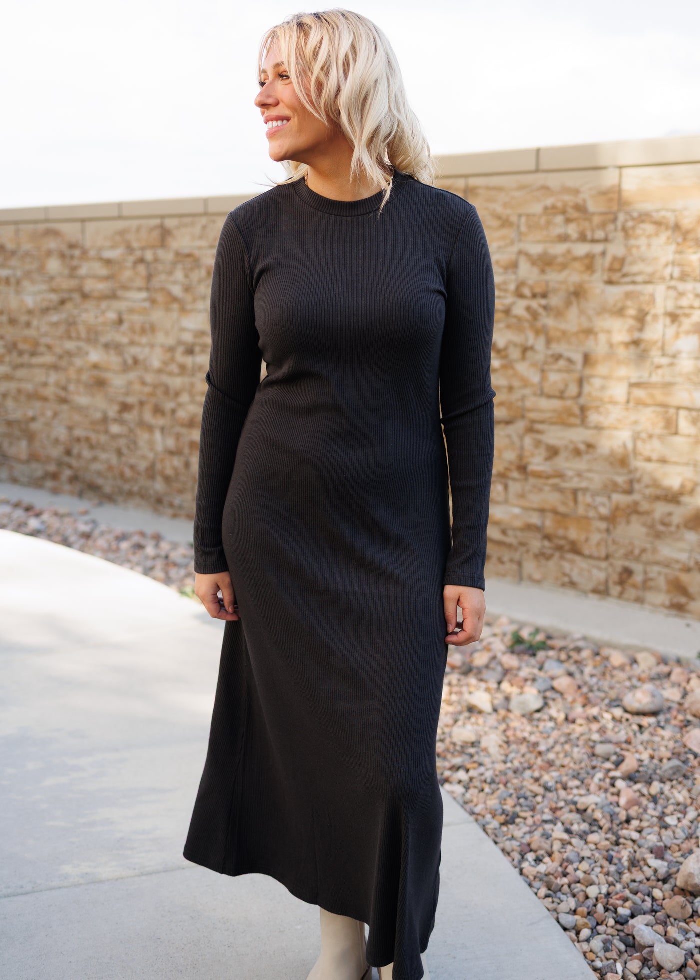 Long sleeve charcoal ribbed dress