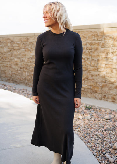 Long sleeve charcoal ribbed dress