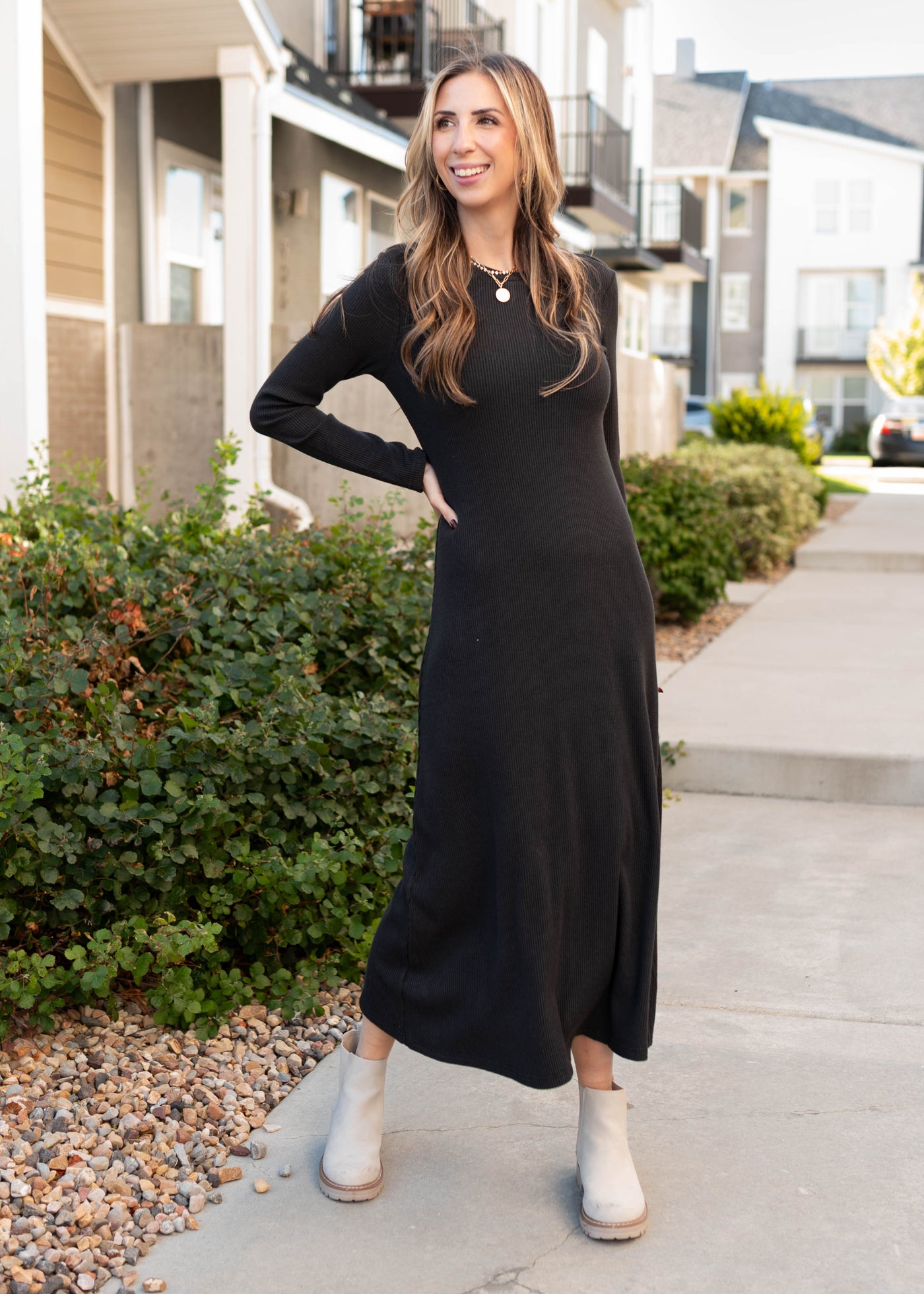 Modest long sleeve charcoal ribbed dress