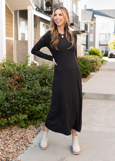 Modest long sleeve charcoal ribbed dress