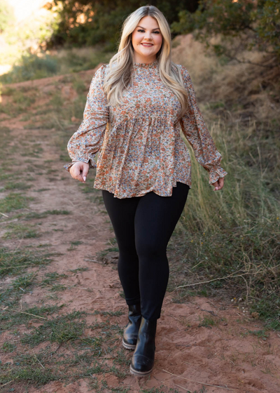 Plus size long sleeve rust floral top