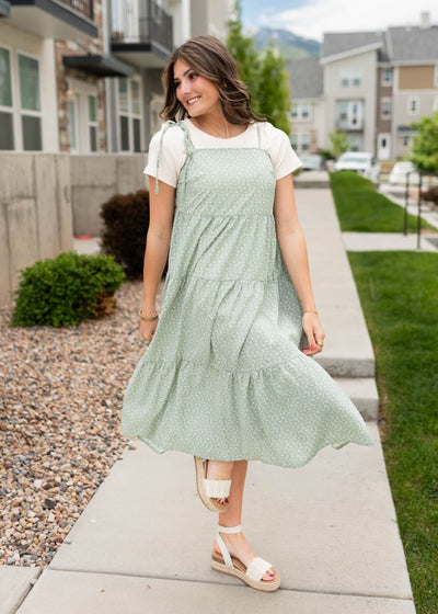 Tiered sage floral print shoulder tie dress
