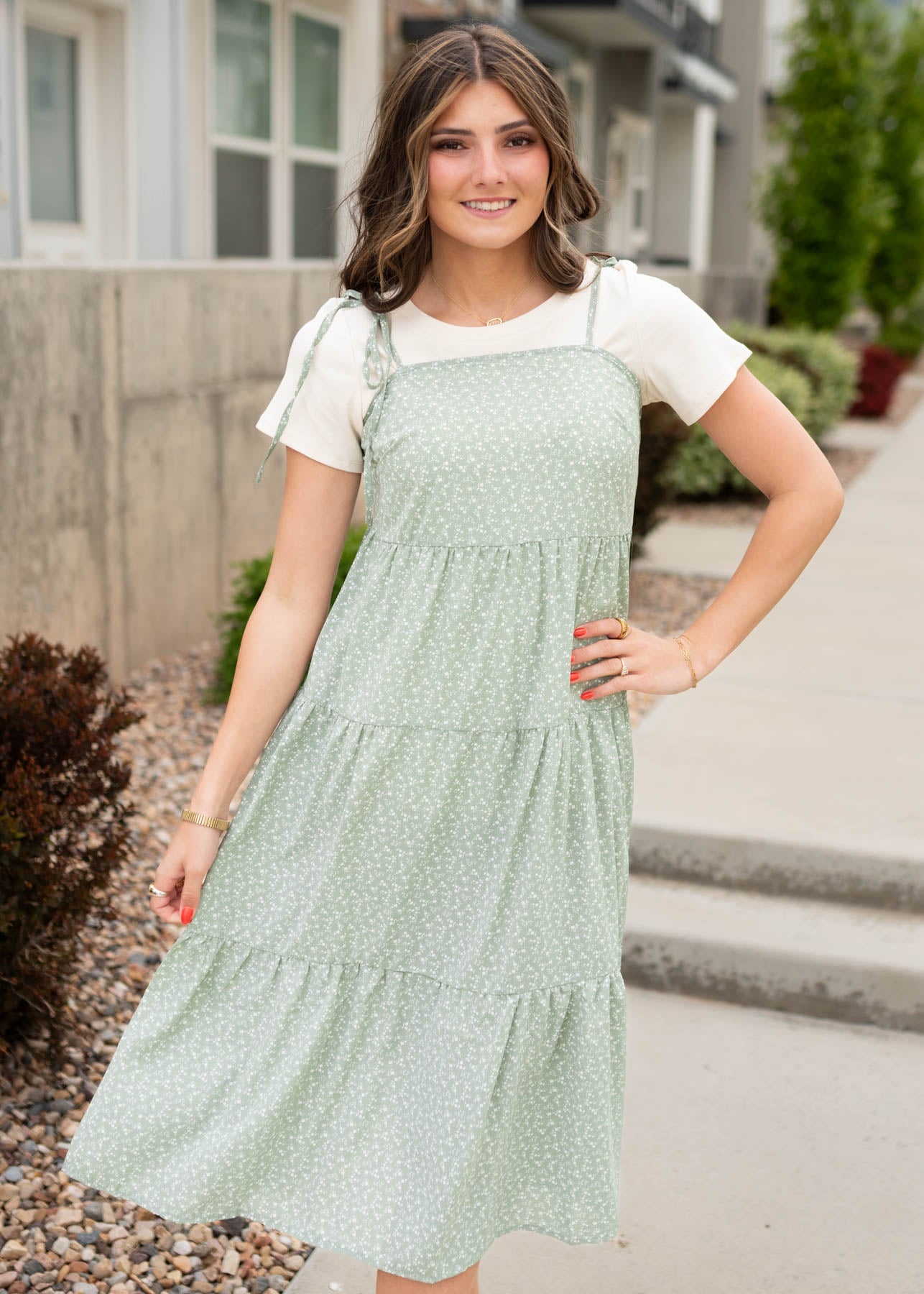 Tie straps on the sage floral print shoulder tie dress