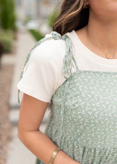 Sage floral print shoulder tie dress