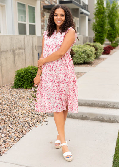 Pink floral dress with tiered skirt