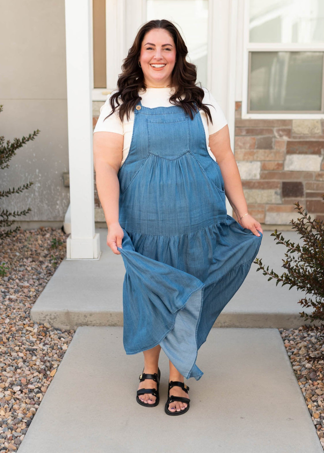Plus size modest chambray overall dress with a front pocket at Lena Layne