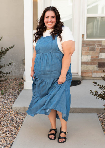 Chambray overall dress in plus size