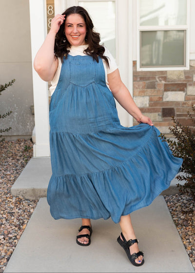 Chambray overall dress with tiered skirt in plus size