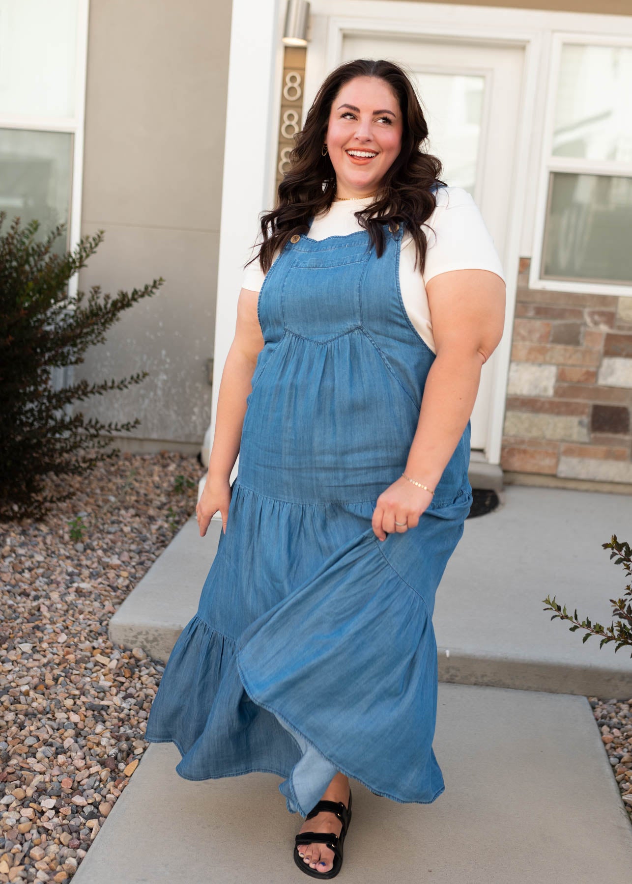Plus size modest chambray overall dress with button straps at Lena Layne