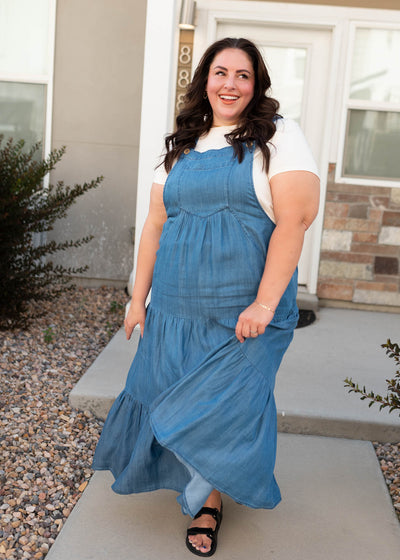 Plus size modest chambray overall dress with button straps at Lena Layne