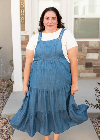 Button strap plus size chambray overall dress at Lena Layne