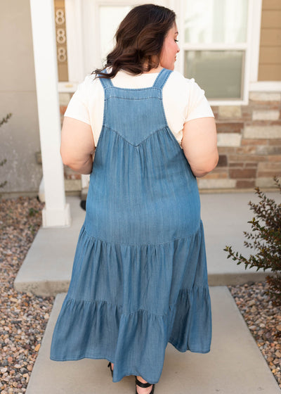 Back view of the modest chambray overall dress in plus size 1x to 3x