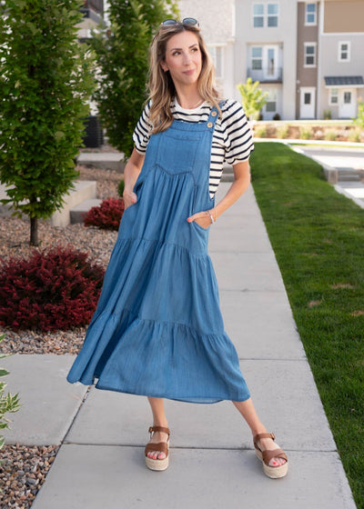 Chambray overall dress with pockets