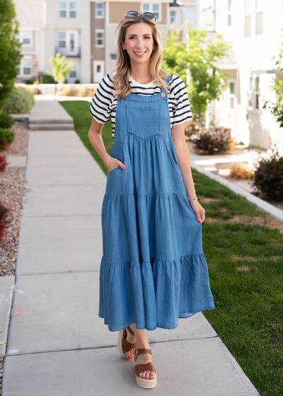 Tiered skirt on the chambray overall dress