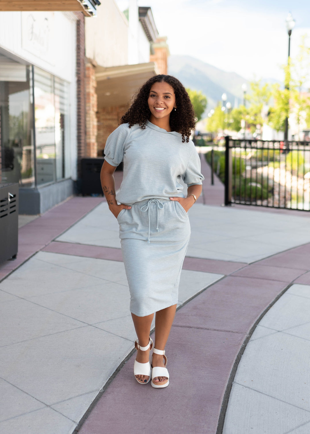 Shae Seafoam Drawstring Midi Skirt - Textured Knit, Side Pockets