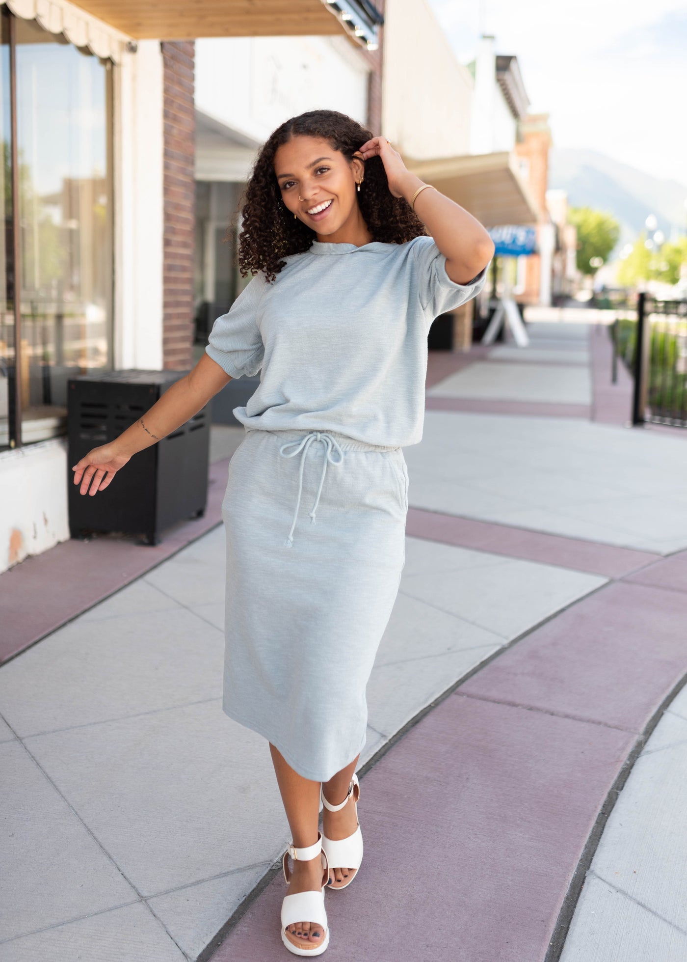 Shae Seafoam Drawstring Midi Skirt - Textured Knit, Side Pockets